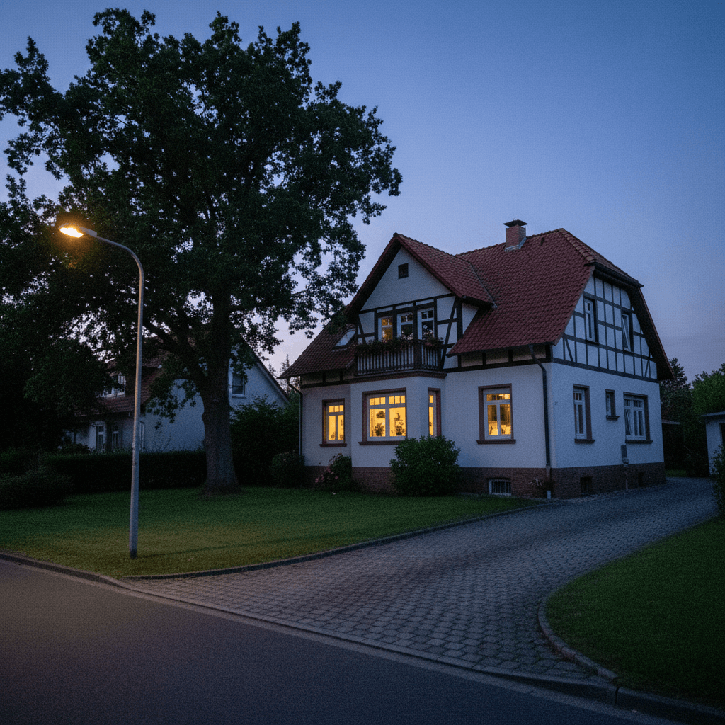 Hausansicht zur Schädlingsbekämpfung in der Abenddämmerung