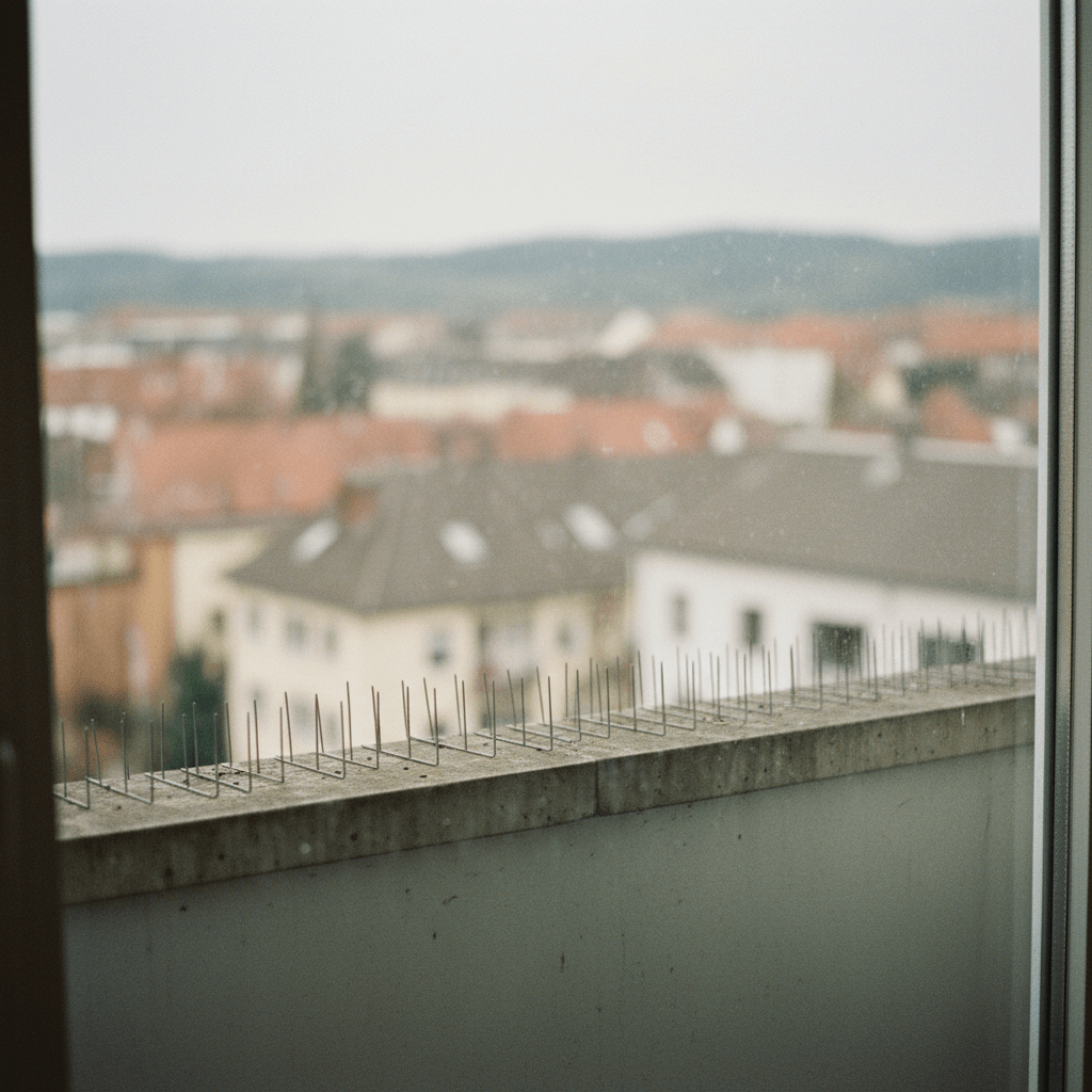 Installierte Taubenabwehr am Fensterbrett