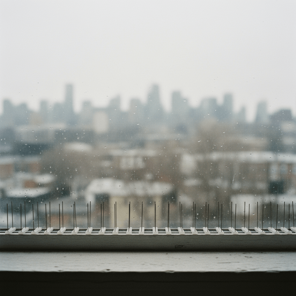 Installierte Taubenabwehr am Fensterbrett