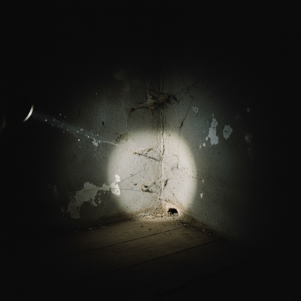 Mausloch im Keller mit Taschenlampe beleuchtet